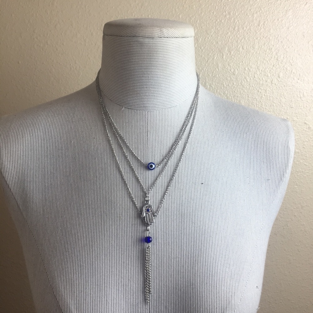 New silver multi layer chain evil eye necklace